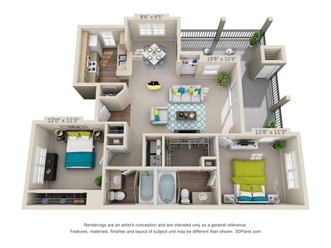Floor plan for 2 beds, 2 baths, 1088 sqft